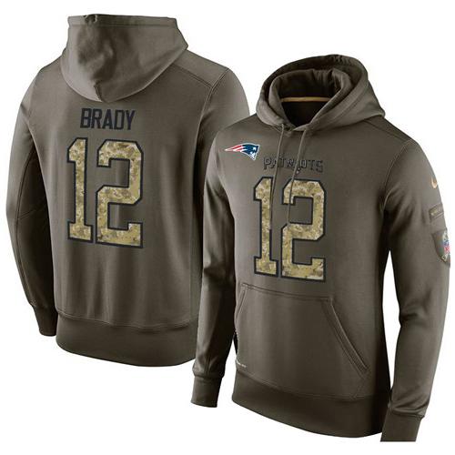 NFL Men's Nike New England Patriots #12 Tom Brady Stitched Green Olive Salute To Service KO Performance Hoodie - Click Image to Close